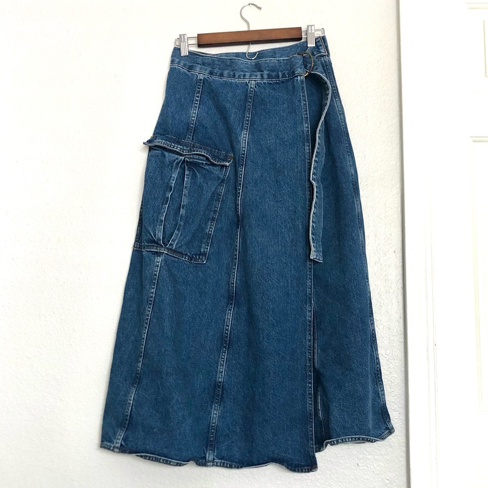 Zara Blue Denim A-Line Maxi Skirt with Side Pocket